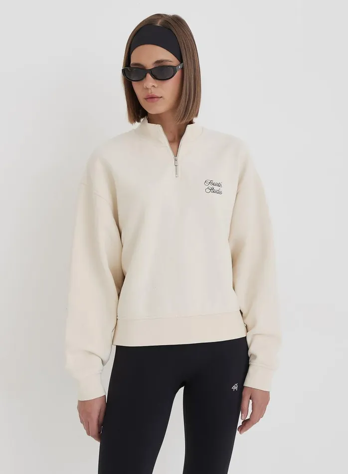 4th and Reckless Activewear Women Cream Fourth Branded Half Zip Cropped Sweatshirt Jacques