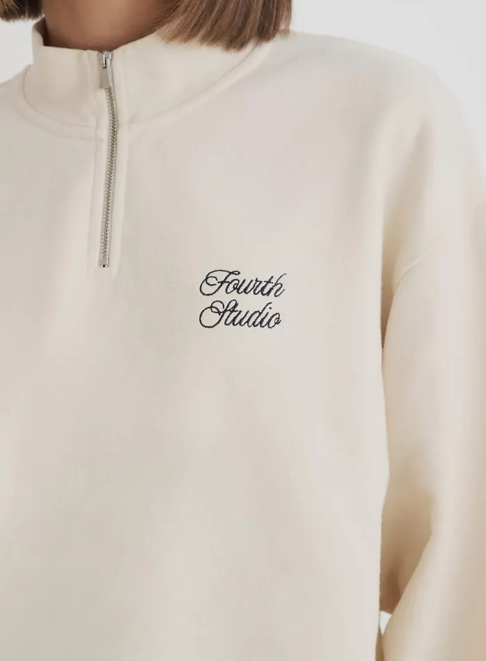 4th and Reckless Activewear Women Cream Fourth Branded Half Zip Cropped Sweatshirt Jacques