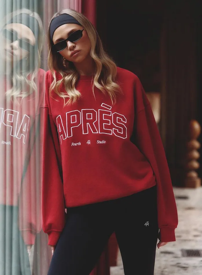 4th and Reckless Activewear Women Red Embroidered Apres Slogan Oversized Sweatshirt Freya