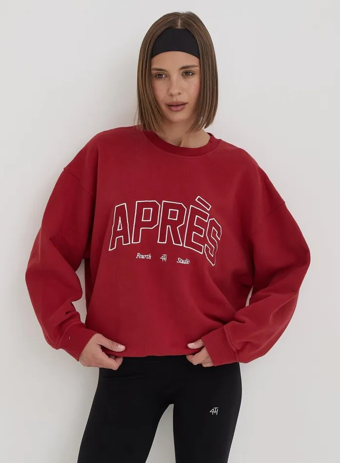 4th and Reckless Activewear Women Red Embroidered Apres Slogan Oversized Sweatshirt Freya