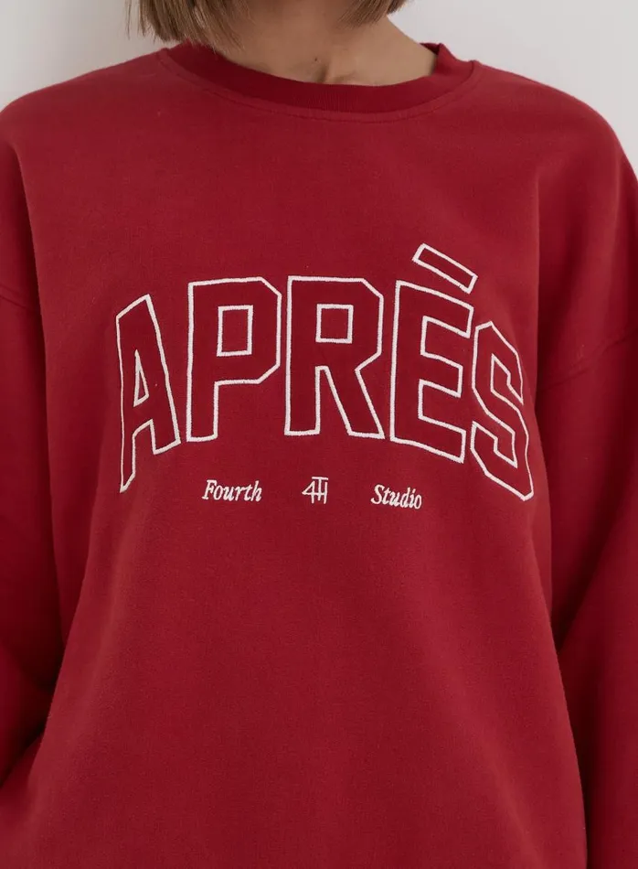 4th and Reckless Activewear Women Red Embroidered Apres Slogan Oversized Sweatshirt Freya