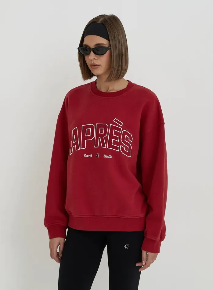 4th and Reckless Activewear Women Red Embroidered Apres Slogan Oversized Sweatshirt Freya