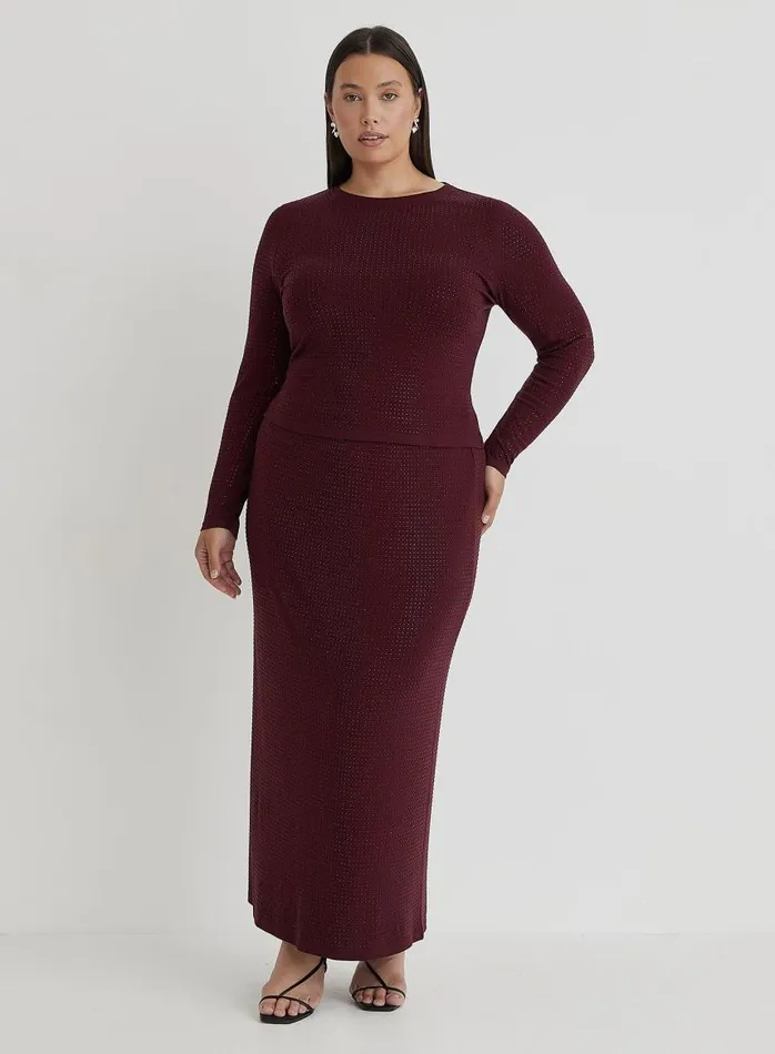 4th and Reckless Coords Women Burgundy Curve Embellished Maxi Skirt Indigo