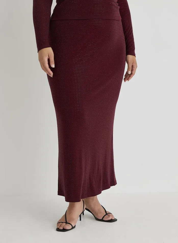 4th and Reckless Coords Women Burgundy Curve Embellished Maxi Skirt Indigo