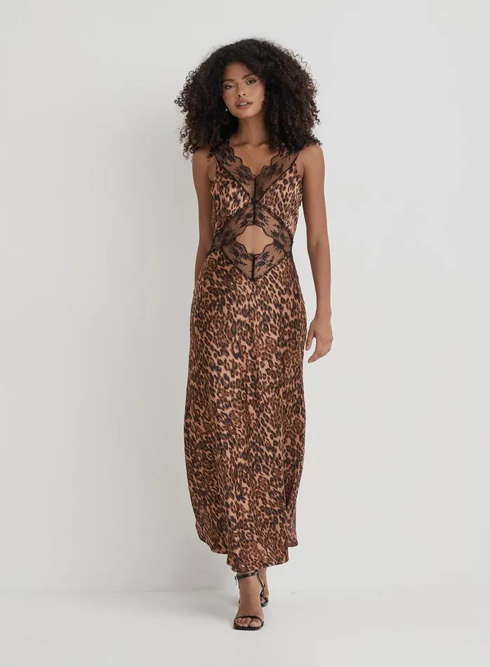 4th and Reckless Dresses Women Leopard Print Satin Lace Slip Dress Kelsey