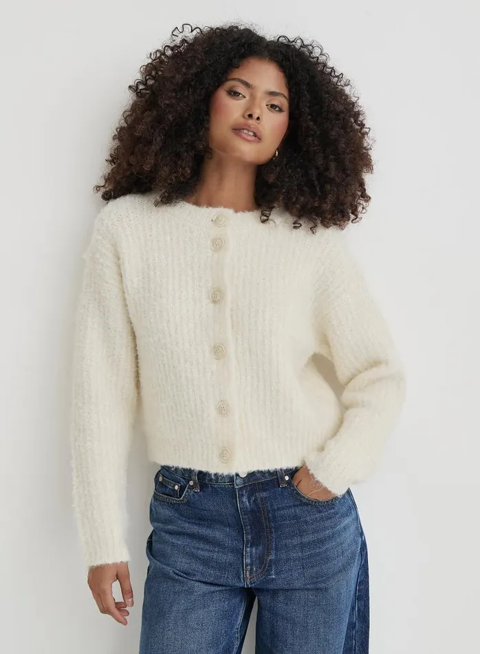 4th and Reckless Knitwear Women Cream Fluffy Knit Crew Neck Cardigan Kinsley