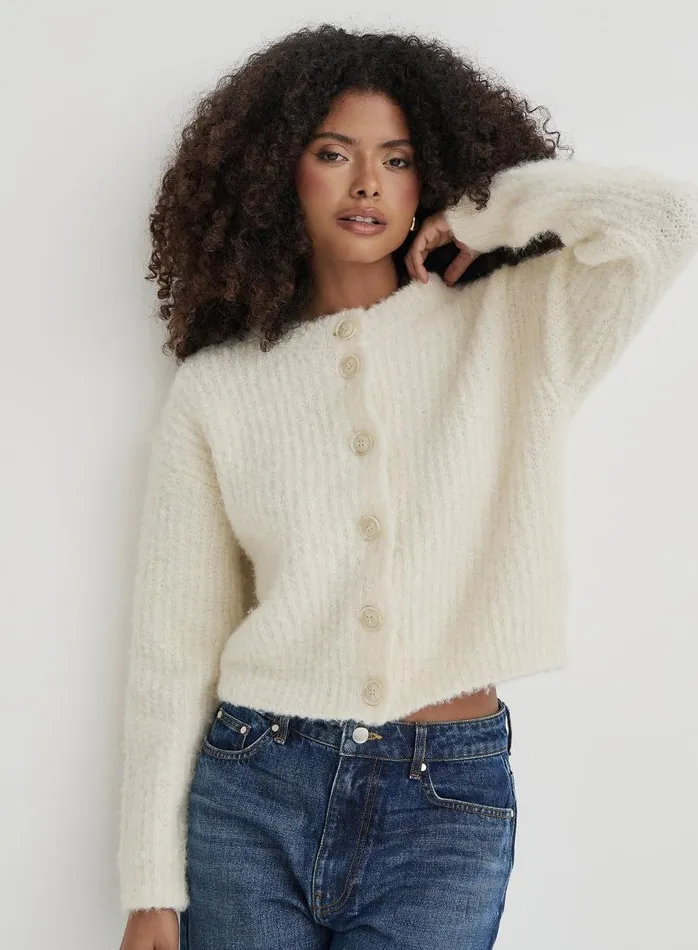 4th and Reckless Knitwear Women Cream Fluffy Knit Crew Neck Cardigan Kinsley