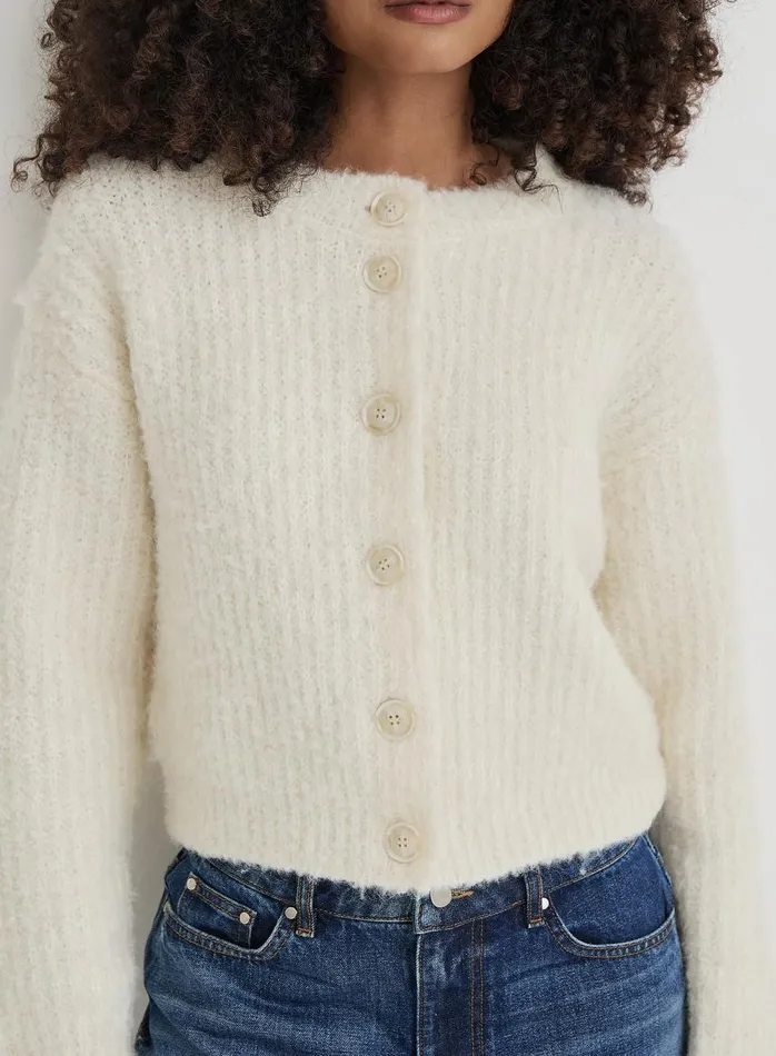 4th and Reckless Knitwear Women Cream Fluffy Knit Crew Neck Cardigan Kinsley