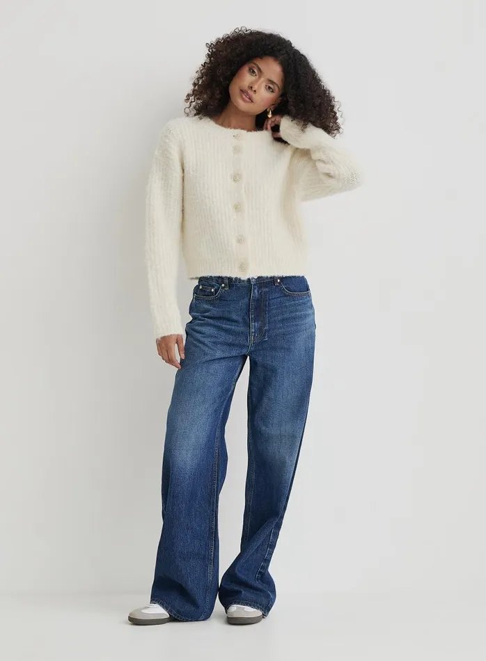 4th and Reckless Knitwear Women Cream Fluffy Knit Crew Neck Cardigan Kinsley