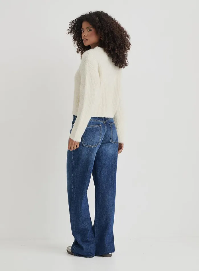 4th and Reckless Knitwear Women Cream Fluffy Knit Crew Neck Cardigan Kinsley