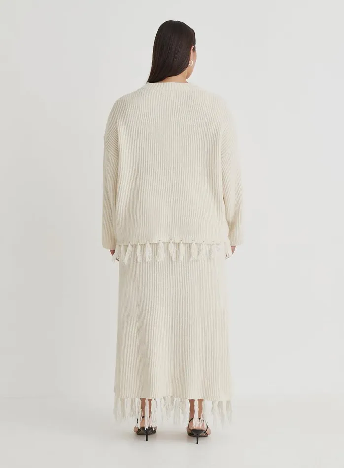 4th and Reckless Knitwear Women Cream Plus Size Knit Tassle Trim Maxi Skirt Fallon