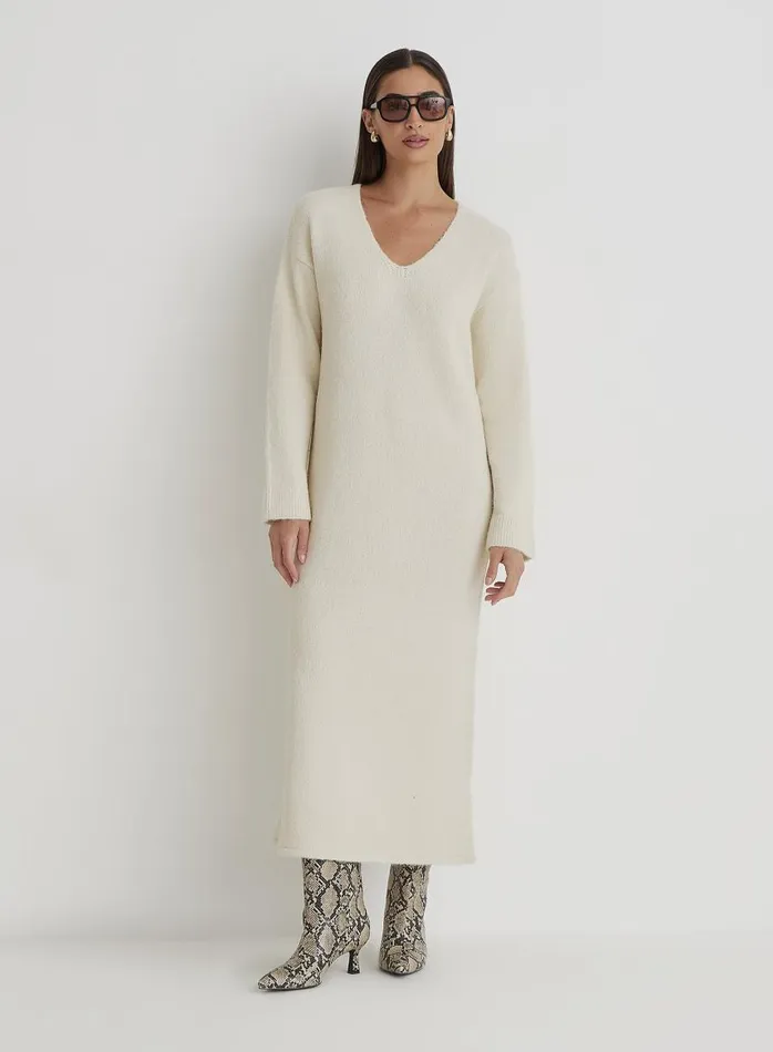 4th and Reckless Knitwear Women Cream V Neck Knitted Maxi Dress Dahlia