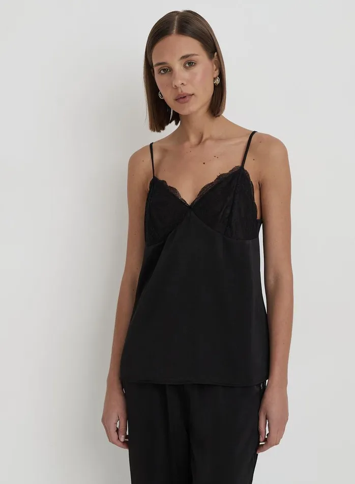 4th and Reckless Nightwear Women Black Satin Cami Pyjama Top Belle