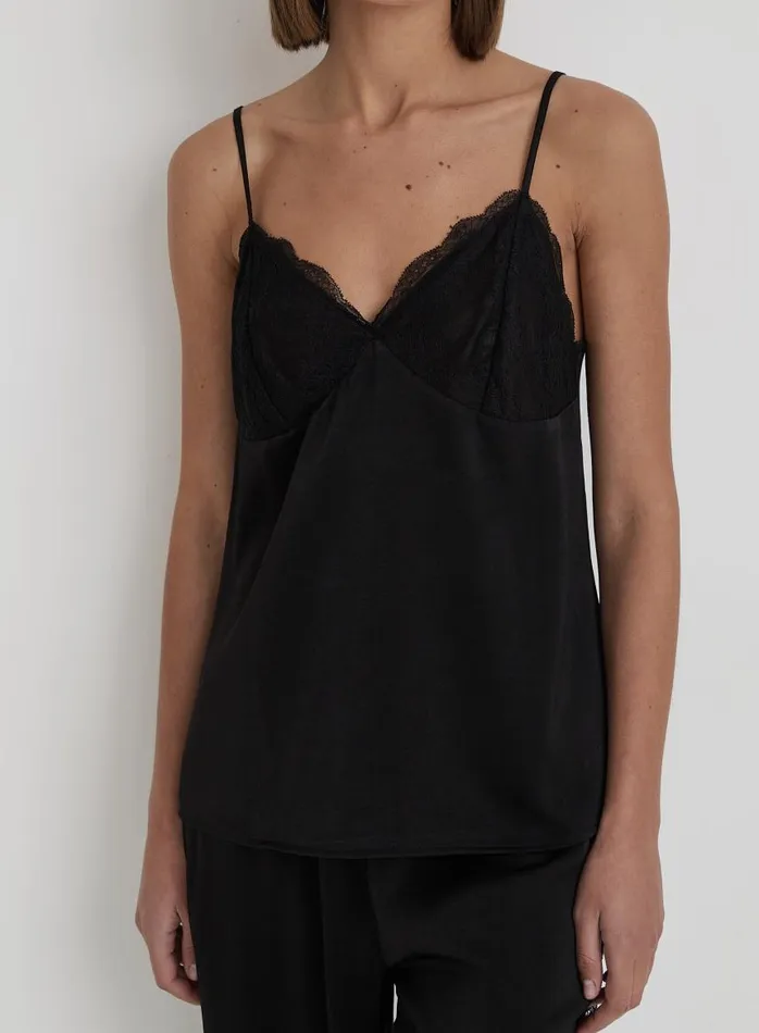 4th and Reckless Nightwear Women Black Satin Cami Pyjama Top Belle