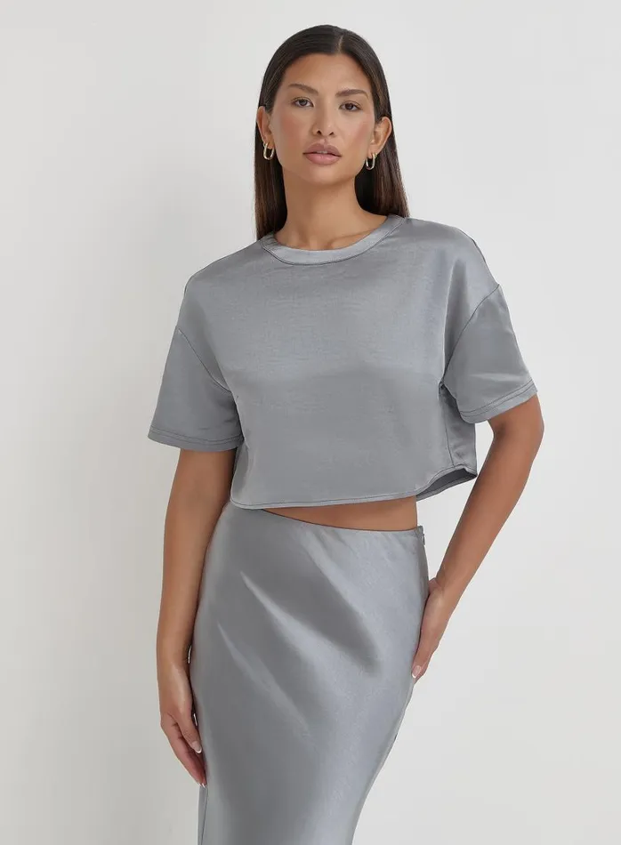 4th and Reckless Tops Women Blue Steel Satin Cropped Top Dara