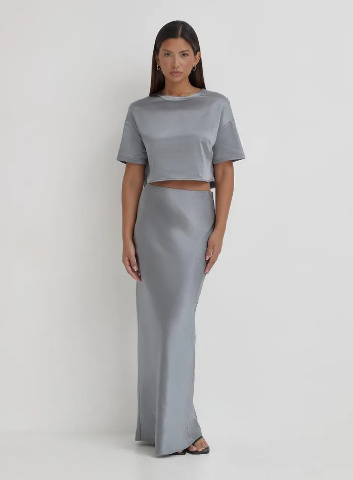4th and Reckless Tops Women Blue Steel Satin Cropped Top Dara