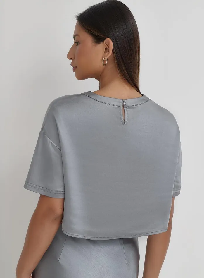 4th and Reckless Tops Women Blue Steel Satin Cropped Top Dara