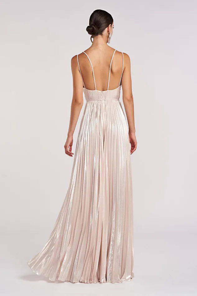 Ace Gown In Foil Chiffon Nude Silver Women Halston Gowns