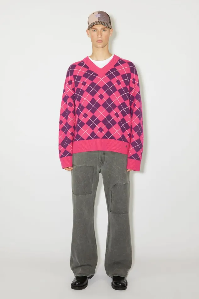 Acne Studios Argyle Jacquard Wool Jumper Bright Pinkmid Purple Women Knitwear