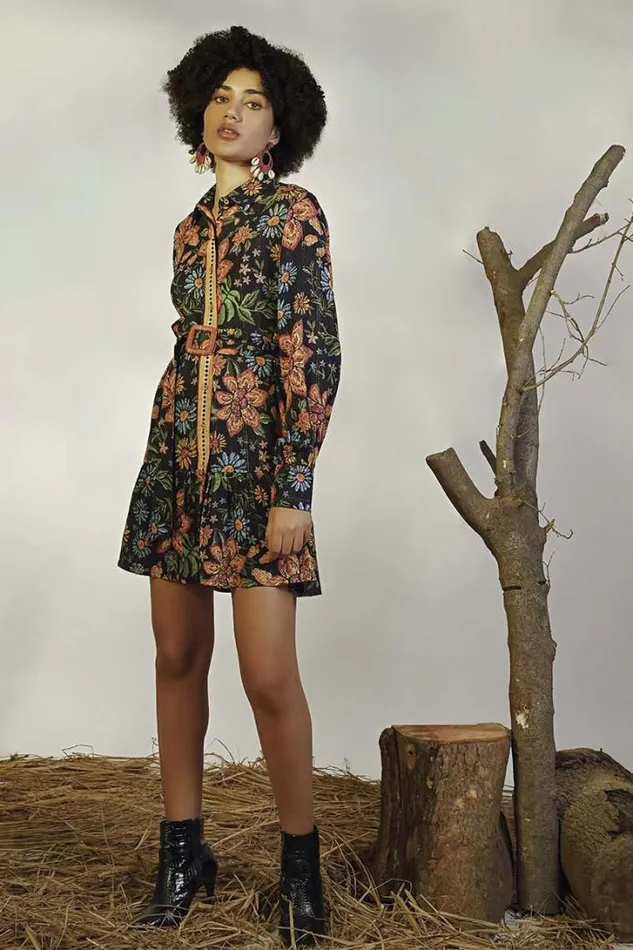 America and Beyond Dresses Women Black Multi Floret Short Dress