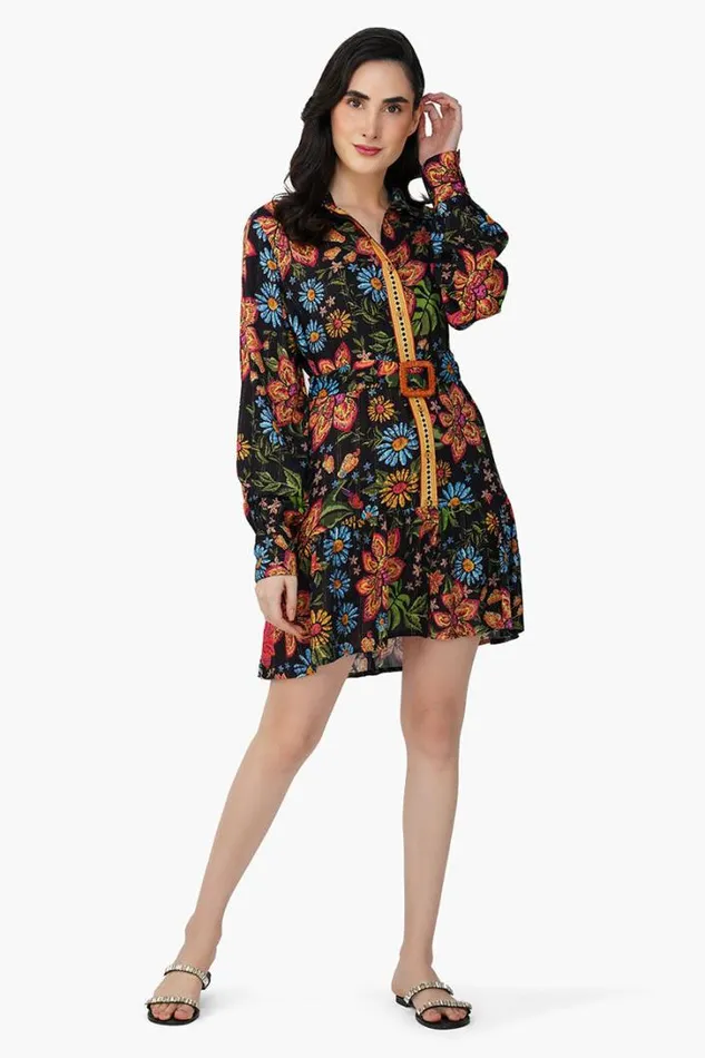 America and Beyond Dresses Women Black Multi Floret Short Dress