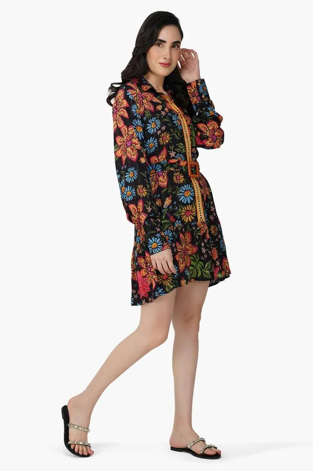 America and Beyond Dresses Women Black Multi Floret Short Dress