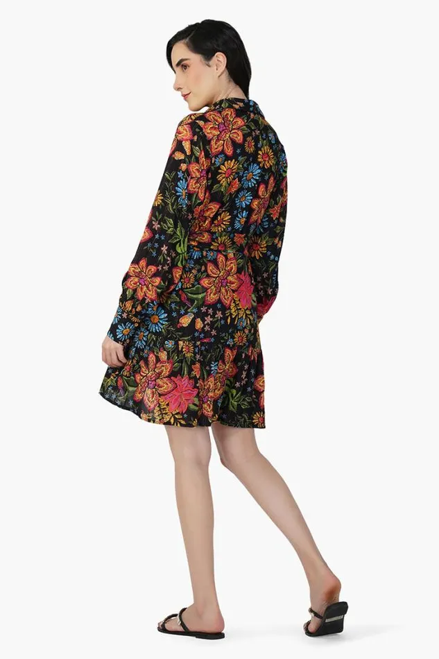 America and Beyond Dresses Women Black Multi Floret Short Dress
