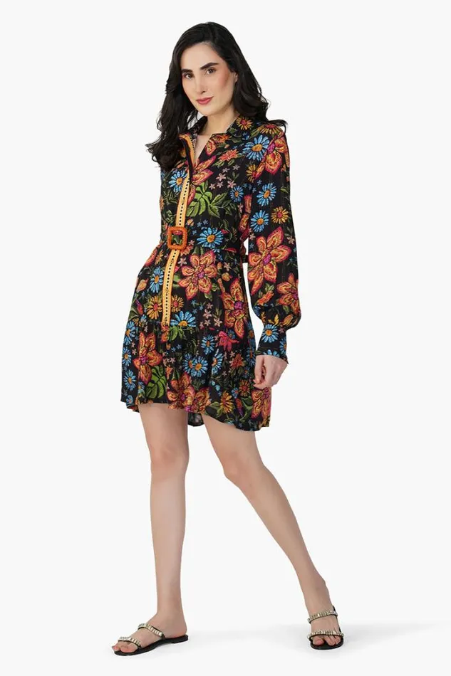 America and Beyond Dresses Women Black Multi Floret Short Dress