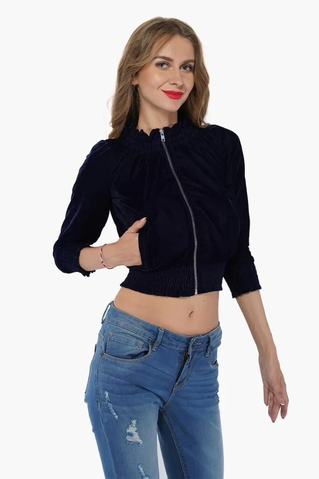 America and Beyond Jackets Women Twilight Blue Velvetine Embroidered Bomber Jacket
