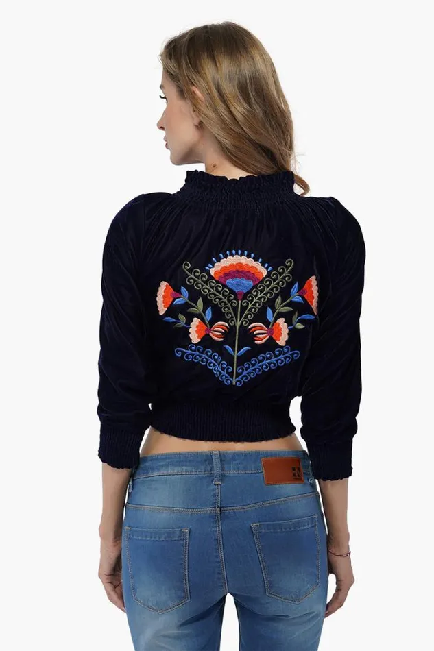 America and Beyond Jackets Women Twilight Blue Velvetine Embroidered Bomber Jacket