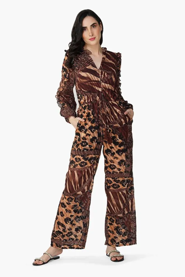 America and Beyond Jumpsuits Women Brown Animal Patch Print Jumpsuit