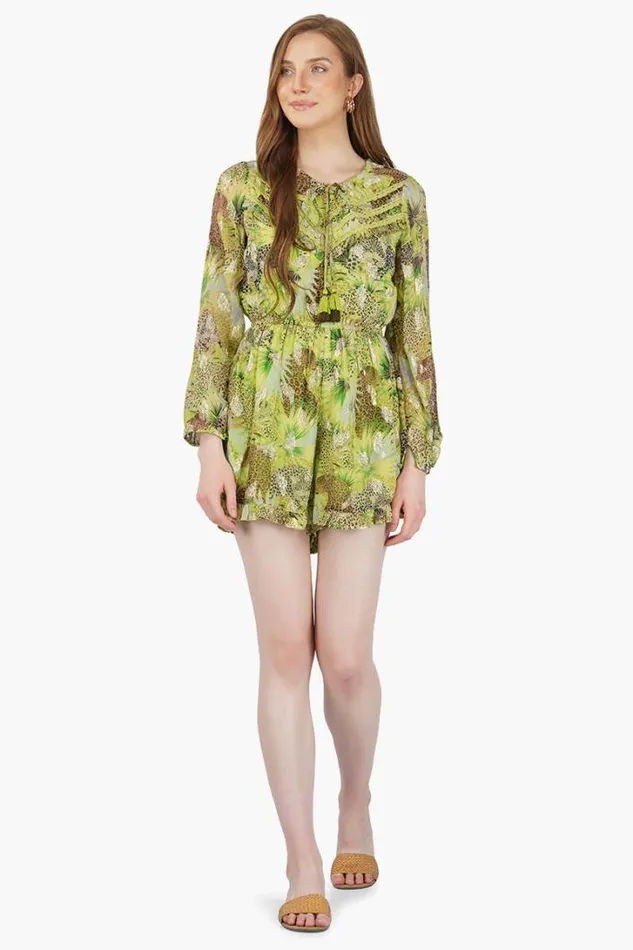 America and Beyond Jumpsuits Women Lime Green Leopard Printed Romper