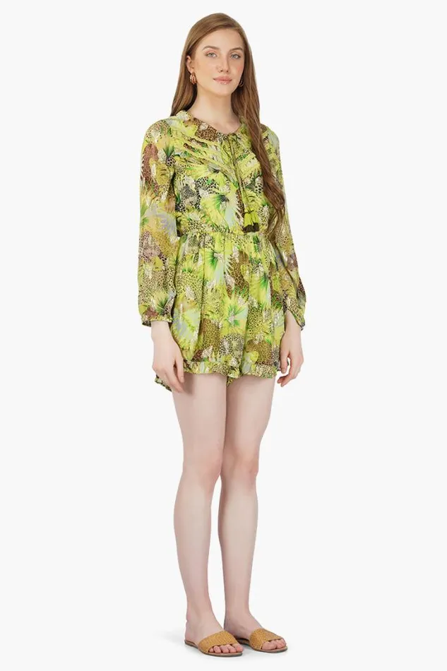 America and Beyond Jumpsuits Women Lime Green Leopard Printed Romper