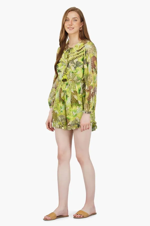 America and Beyond Jumpsuits Women Lime Green Leopard Printed Romper