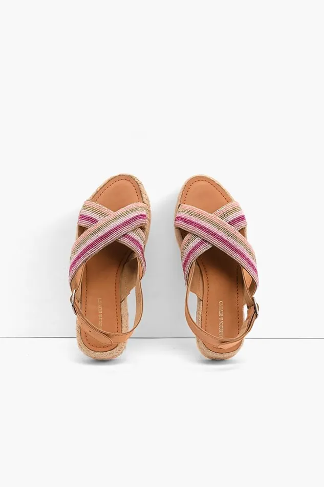 America and Beyond Sandals Women Pink Stripes Beaded Flatform Sandals