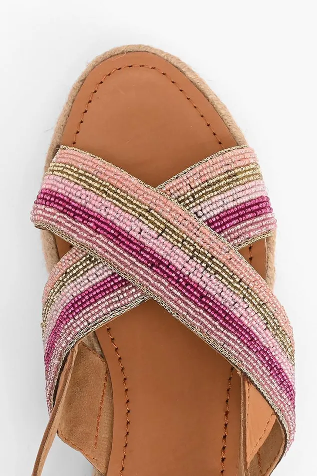 America and Beyond Sandals Women Pink Stripes Beaded Flatform Sandals