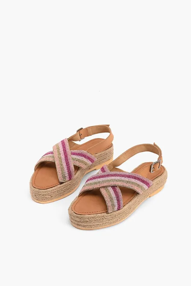 America and Beyond Sandals Women Pink Stripes Beaded Flatform Sandals