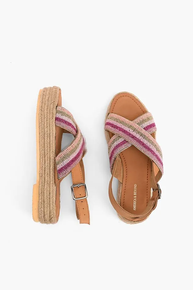America and Beyond Sandals Women Pink Stripes Beaded Flatform Sandals