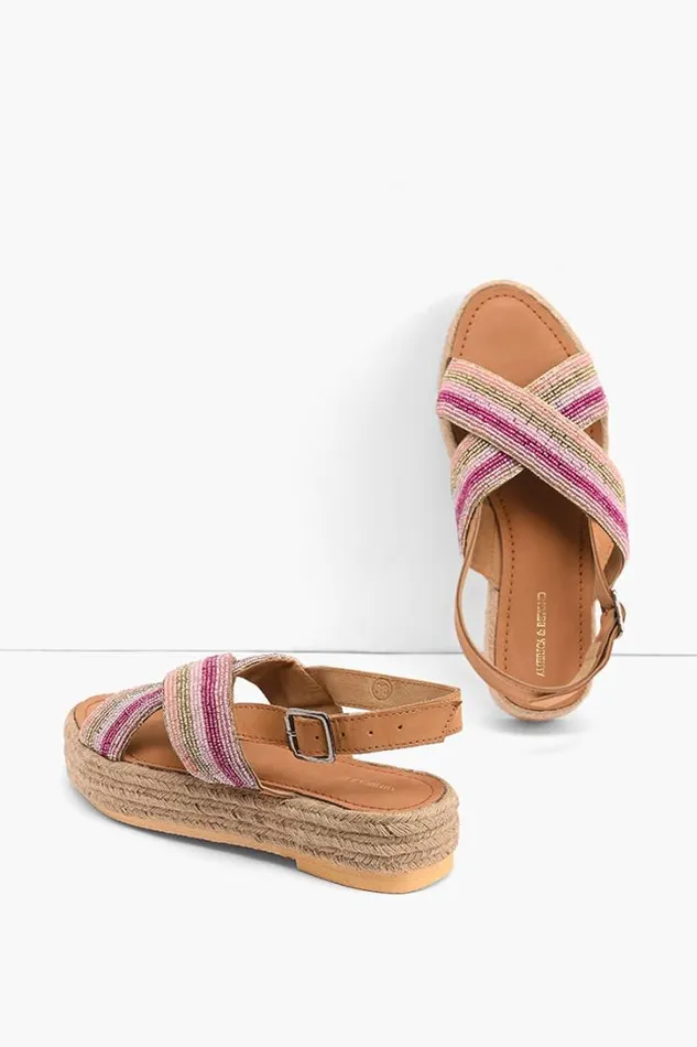 America and Beyond Sandals Women Pink Stripes Beaded Flatform Sandals