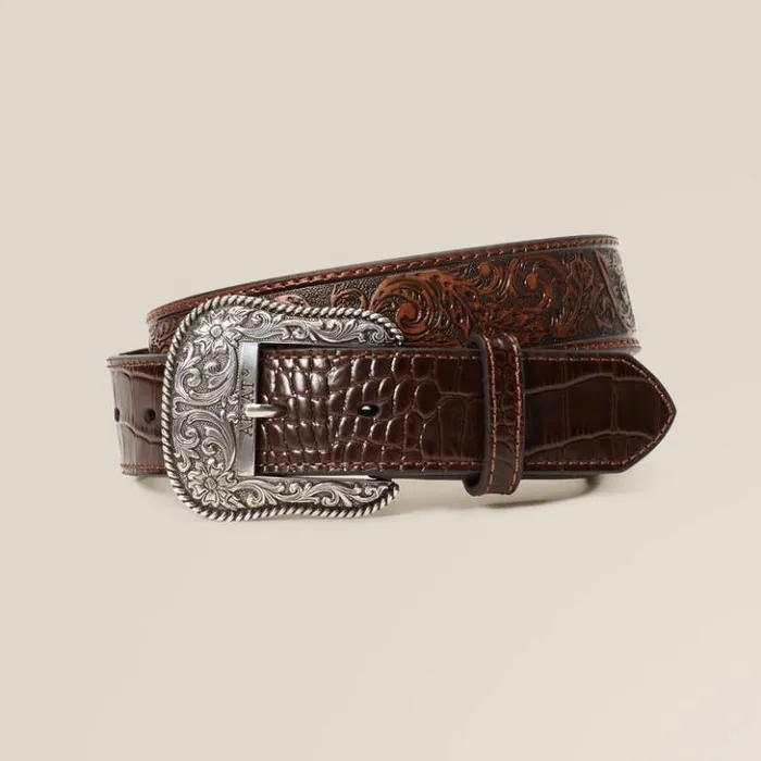 Ariat Belts Men Leaf Emboss Crock End Belt Brown