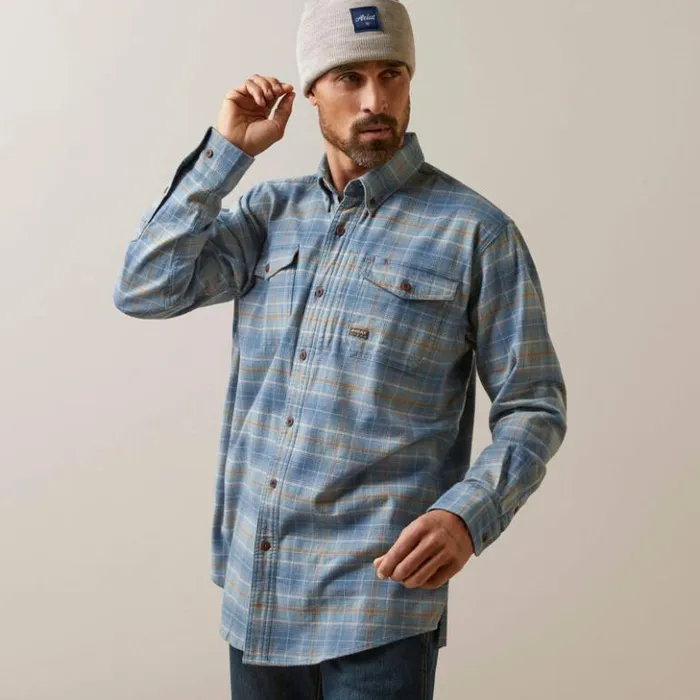 Ariat Button Down Shirts Men Rebar Flannel DuraStretch Work Shirt Indian Teal Plaid