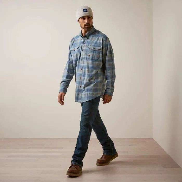 Ariat Button Down Shirts Men Rebar Flannel DuraStretch Work Shirt Indian Teal Plaid