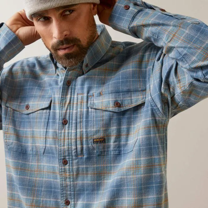 Ariat Button Down Shirts Men Rebar Flannel DuraStretch Work Shirt Indian Teal Plaid