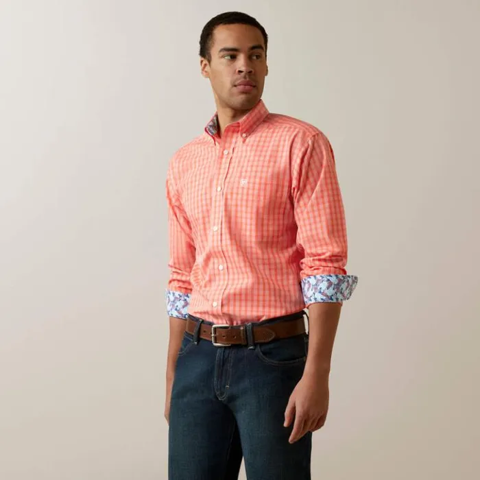 Ariat Button Down Shirts Men Wrinkle Free Winston Fitted Shirt Flame Coral