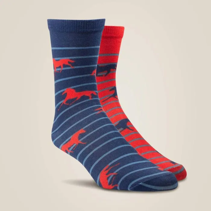 Ariat Socks Women Horses Over Stripes Crew Sock 2 Pair Multi Color Pack Rednavy