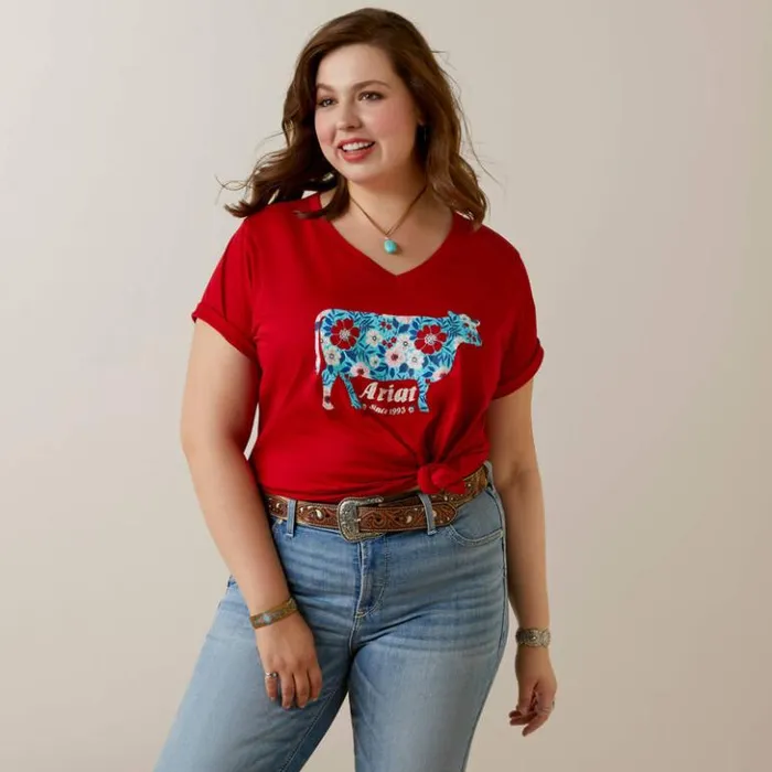 Ariat TShirts and Tops Women Flower Cow TShirt Equestrian Red Ariat TShirts and Tops Women Flower Cow TShirt Equestrian Red