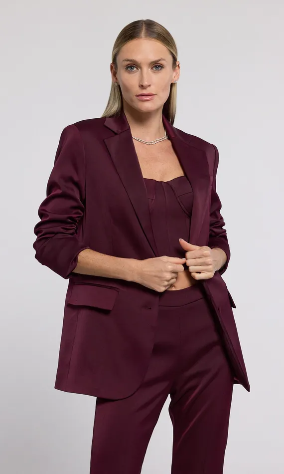 Blazers and Jackets Generation Love Clothing Women Drea Satin Blazer Black Cherry