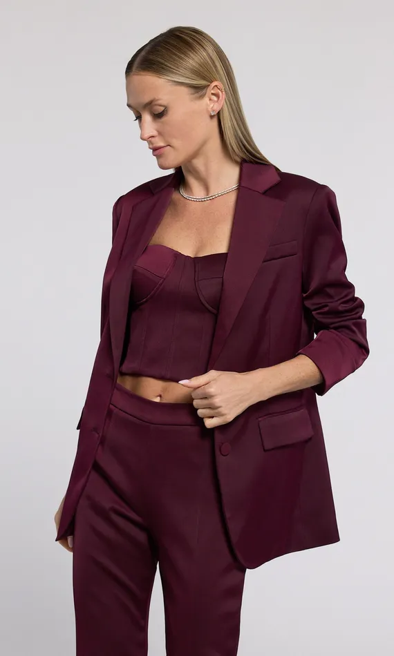 Blazers and Jackets Generation Love Clothing Women Drea Satin Blazer Black Cherry