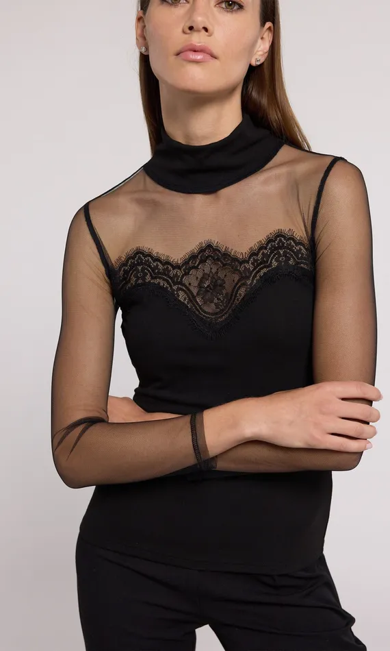 Brigitte Lace Combo Jersey Top Black Women Tops Generation Love Clothing