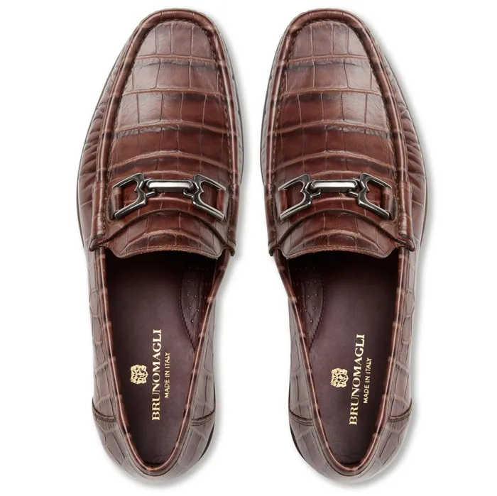 Bruno Magli Trieste Classic Moccasin Brown Croc Men Dress Shoes